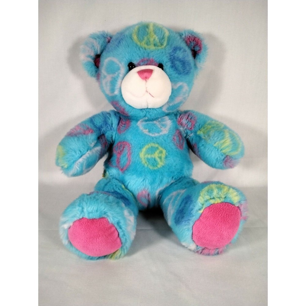 Build-A-Bear Workshop Light Blue Peace Signs Bear Stuffed Plush‎ Toy 15" EUC - Picture 4 of 10